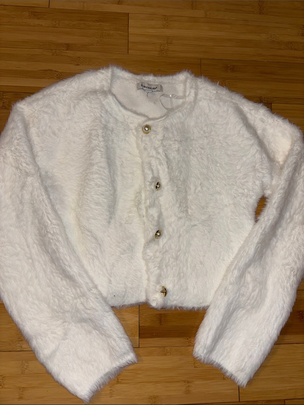 Francesca's Cream Fuzzy Pearl-Button Cardigan